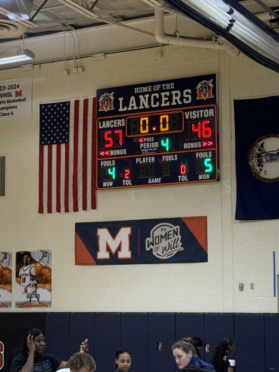 FINAL: Manchester girls 57, West Potomac 46. Manchester moves to the Class 6 Championship next Thursday at noon in Richmond at VCU’s Siegel Center. West Potomac lead by 6 at halftime.