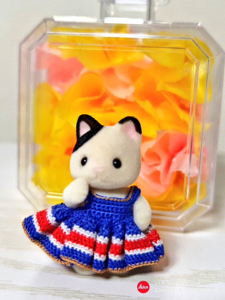 minmimonmo's tweet photo. ミシン糸で編み物シリーズ(勝手にシリーズ化🤣)

トリコロールカラーの上品なお嬢さんをイメージして作ったんですがね…なんかチアガールみたいになりました😁

銀魂で長谷川さんが寿司を握ると何故か全てがカッパ巻きになる的な現象と同じかと(そうなの？)

 #シルバニアファミリー https://t.co/lMFEvdm1tl
