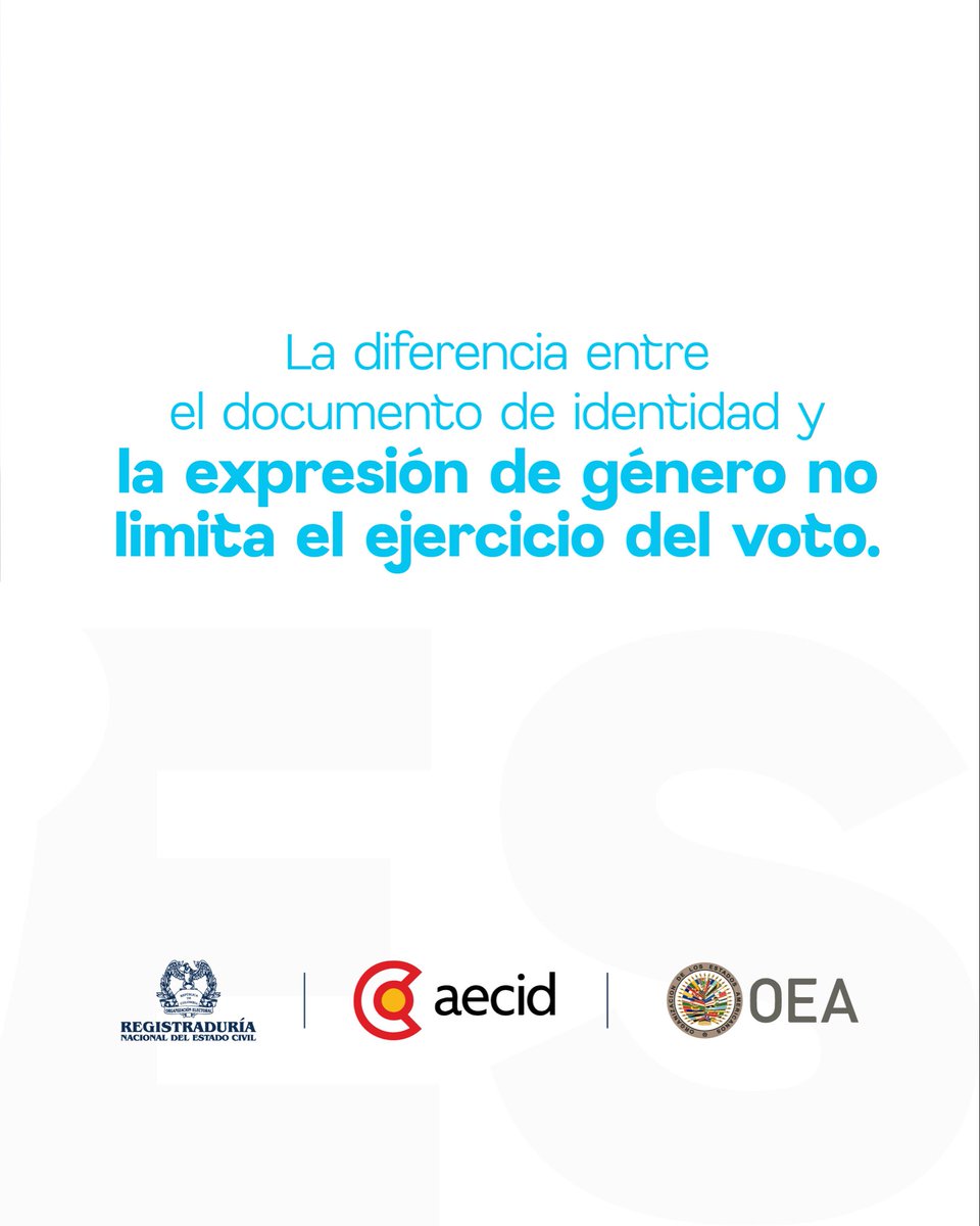 Registraduria's tweet photo. La participación electoral es un derecho de todas las personas.
Con #IdentidadES promovemos el reconocimiento de la identidad y el acceso pleno a derechos para las personas trans y no binarias en Colombia.
Con el apoyo de la @AECIDColombia, @AECID_es y el programa #PUICA de la @OEA_oficial.
#IdentidadESDemocracia
