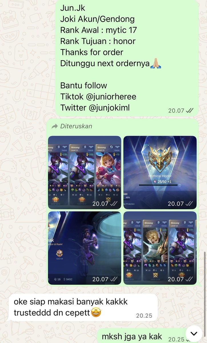 done

joki mytic 8⭐️
jokgen honor 3⭐️
jokgen glory 15⭐️

yang mau joki ml/gendong sung aja chat wa dibio ya