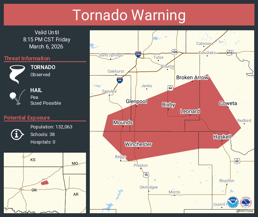 Tornado Warning including Broken Arrow OK, Bixby OK and Glenpool