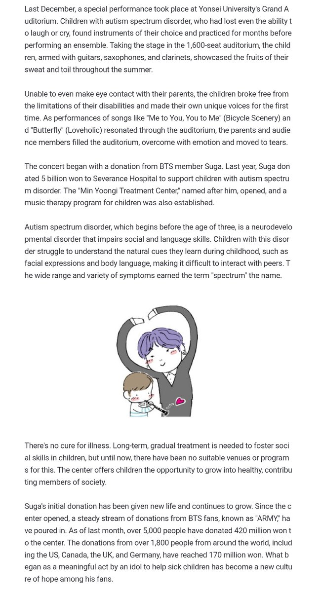 [News] A Virtuous Cycle of "Good Influence"

BTS member SUGA donates 5 Billion won to open a specialized autism treatment center. Follow-up donations from fans alone exceed 400 Million won.
Last December, a special performance was held at the Yonsei University Grand Hall.