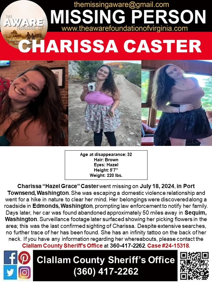 🚨 MISSING WOMAN – PLEASE SHARE 🚨

Charissa “Hazel Grace” Caster went missing on July 18, 2024, in Port Townsend, Washington.

Charissa was leaving a domestic violence relationship and went for a hike to spend time in nature and clear her mind.

Her belongings were later