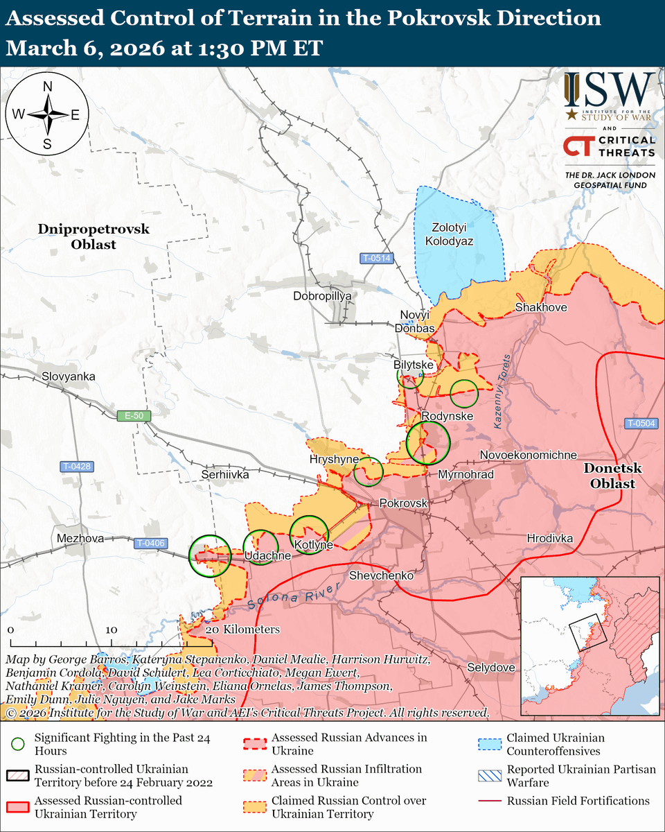TheStudyofWar's tweet photo. NEW: Russia is reportedly sharing intelligence with Iran to support Iranian attacks against US forces in the Middle East in contrast to the Kremlin’s recent attempts to frame Russia as a potential US ally and US-Russia relations as increasingly friendly.

Other Key Takeaways: 
Russian President Vladimir Putin called on the United States to halt its ongoing military operation in the Middle East while refusing any meaningful ceasefire in Ukraine.

Ukraine continues to share its expertise and support air defense efforts in countering Iranian Shahed drone strikes in the Middle East.

Russian President Vladimir Putin publicly addressed the Kremlin’s recent restrictions against Telegram for the first time and the widespread complaints about battlefield communications issues that ensued.

The Kremlin continues its wider efforts to prevent Russians from using foreign platforms and virtual private networks (VPNs).

Ukrainian forces continue to liberate territory in southern Ukraine.

Russia and Ukraine conducted civilian prisoner and prisoner of war (POW) exchanges on March 5 and 6.

Ukrainian forces recently advanced near Kupyansk, Oleksandrivka, and Hulyaipole. 
Russian forces recently advanced near Pokrovsk and Hulyaipole.