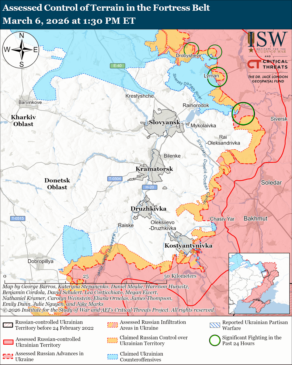 TheStudyofWar's tweet photo. NEW: Russia is reportedly sharing intelligence with Iran to support Iranian attacks against US forces in the Middle East in contrast to the Kremlin’s recent attempts to frame Russia as a potential US ally and US-Russia relations as increasingly friendly.

Other Key Takeaways: 
Russian President Vladimir Putin called on the United States to halt its ongoing military operation in the Middle East while refusing any meaningful ceasefire in Ukraine.

Ukraine continues to share its expertise and support air defense efforts in countering Iranian Shahed drone strikes in the Middle East.

Russian President Vladimir Putin publicly addressed the Kremlin’s recent restrictions against Telegram for the first time and the widespread complaints about battlefield communications issues that ensued.

The Kremlin continues its wider efforts to prevent Russians from using foreign platforms and virtual private networks (VPNs).

Ukrainian forces continue to liberate territory in southern Ukraine.

Russia and Ukraine conducted civilian prisoner and prisoner of war (POW) exchanges on March 5 and 6.

Ukrainian forces recently advanced near Kupyansk, Oleksandrivka, and Hulyaipole. 
Russian forces recently advanced near Pokrovsk and Hulyaipole.