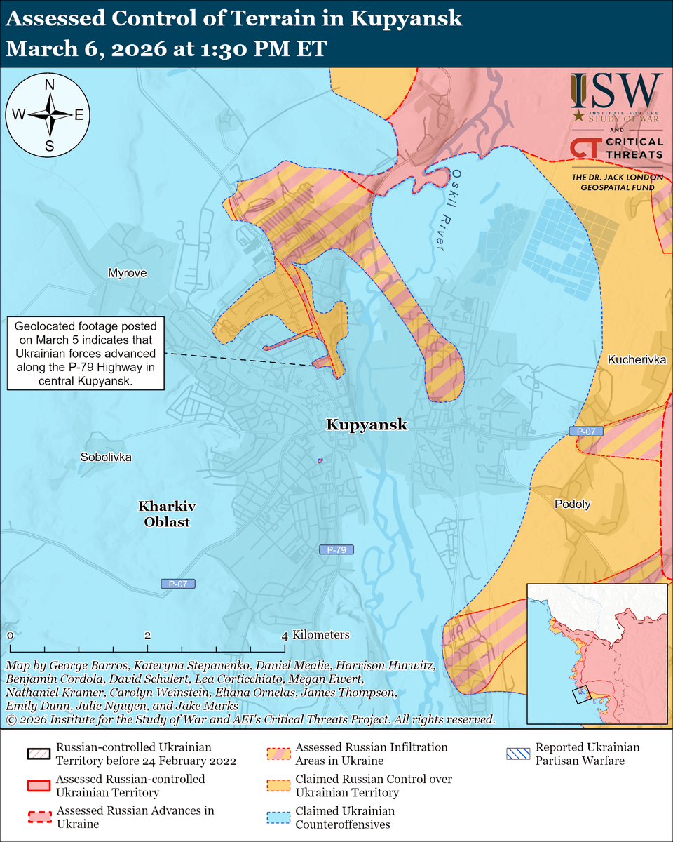 TheStudyofWar's tweet photo. NEW: Russia is reportedly sharing intelligence with Iran to support Iranian attacks against US forces in the Middle East in contrast to the Kremlin’s recent attempts to frame Russia as a potential US ally and US-Russia relations as increasingly friendly.

Other Key Takeaways: 
Russian President Vladimir Putin called on the United States to halt its ongoing military operation in the Middle East while refusing any meaningful ceasefire in Ukraine.

Ukraine continues to share its expertise and support air defense efforts in countering Iranian Shahed drone strikes in the Middle East.

Russian President Vladimir Putin publicly addressed the Kremlin’s recent restrictions against Telegram for the first time and the widespread complaints about battlefield communications issues that ensued.

The Kremlin continues its wider efforts to prevent Russians from using foreign platforms and virtual private networks (VPNs).

Ukrainian forces continue to liberate territory in southern Ukraine.

Russia and Ukraine conducted civilian prisoner and prisoner of war (POW) exchanges on March 5 and 6.

Ukrainian forces recently advanced near Kupyansk, Oleksandrivka, and Hulyaipole. 
Russian forces recently advanced near Pokrovsk and Hulyaipole.
