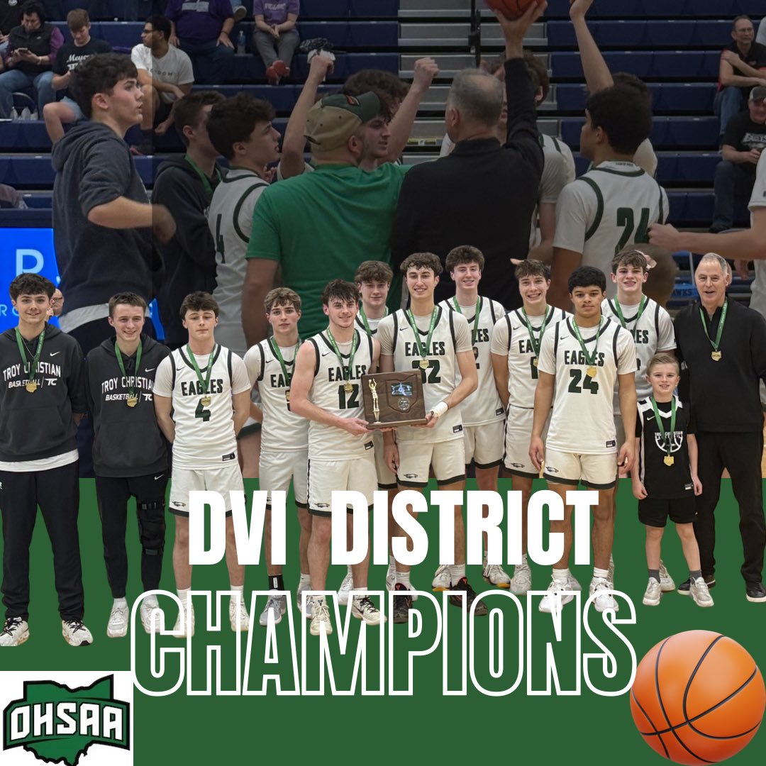 CoachZawadzki's tweet photo. DVI DISTRICT CHAMPIONS! 🏆
Troy Christian captures the District Title with a 60–45 win over Deer Park.
N. Fecher led the way with 17 points.
Double digits: A. Stangel, B. Hochwalt, and R. Taylor.
Locked in defense.
Clutch offense.
Championship mindset.
#wearetc #tchoops https://t.co/Z9towU8bM3
