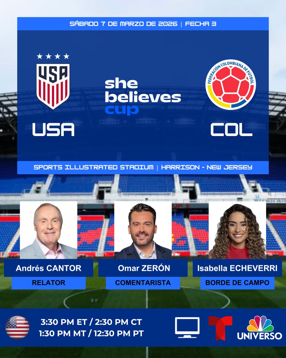 ProgramacionUS's tweet photo. ⚽️ #SheBelievesCup | #EstadosUnidos 🇺🇸 vs. #Colombia 🇨🇴

🎙️Relator: @AndresCantorGOL
🎙️Comentarista: @omarzeron
🎙️Borde de campo: @Isaeche11
📺 @Telemundo - @NBCUniverso 🇺🇸
💻📱@peacock - @Telemundo App 🇺🇸

#️⃣ #SheBelievesCup - #USWNTtelemundo - #USACOL https://t.co/9dXlI24zno