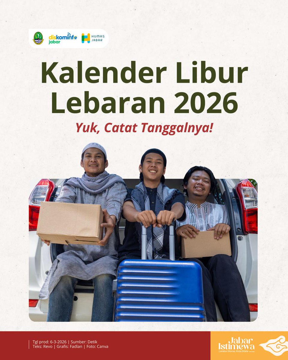 humasjabar's tweet photo. Kalender libur lebaran 2026 📣
Jangan lupa simpan dan bagikan ke keluarga, yaaa 🥰
Salam untuk keluarga di kampung halaman 🤩👋🏻
#LemburDiurusKotaDitata #JabarIstimewa #KDMErwan #LiburLebaran #Ramadan https://t.co/HJVHjUpZe8