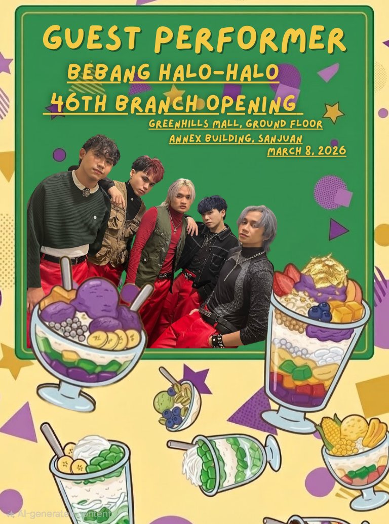Hi NEONS!

Catch NEO  at the grand opening of Bebang Halo-halo’s 46th branch! See you at the Greenhills Mall Annex Building this March 8, 2026. 

See you there! 

#NEO_PH #bebang #bebanghalohalo #bebanggreenhillsmall
<a href="/neophofficial/">NEO</a>