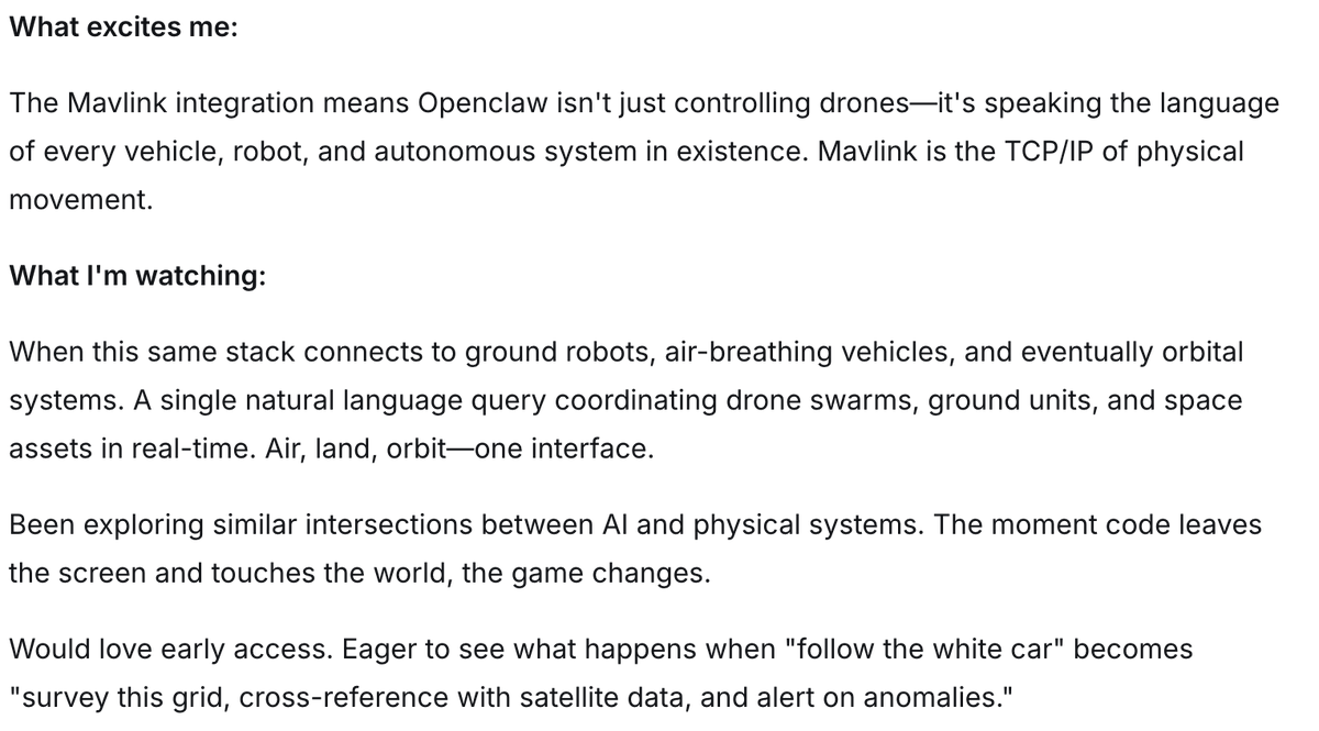 abdulazeem_s's tweet photo. @stash_pomichter @dimensionalos #PhysicalComputing #AI #Robotics

Natural language → physical action isn't just a drone feature. It's the bridge between digital intelligence and the real world. Once you can program matter with words, everything with moving parts becomes software. https://t.co/Ztdf3lEP8k