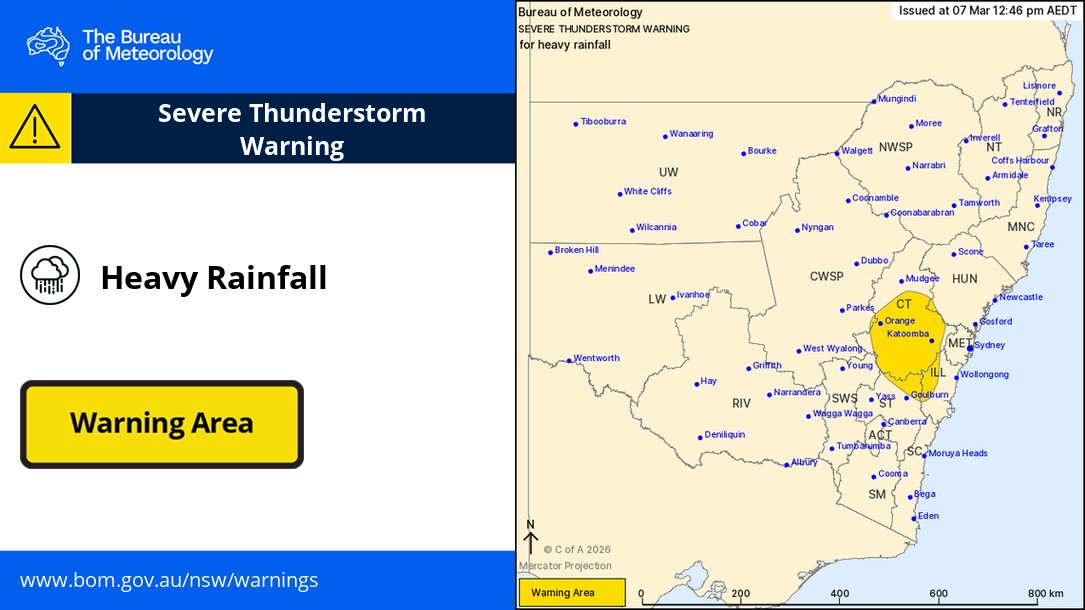 BOM_NSW's tweet image. ⚠️⛈️Severe Thunderstorm Warning for heavy #rainfall about the #CentralTablelands and #SouthernHighlands.
May affect #Orange, #Katoomba, #Bowral, #Bathurst, #GlenDavis, #Lithgow.

bom.gov.au/warning/severe…