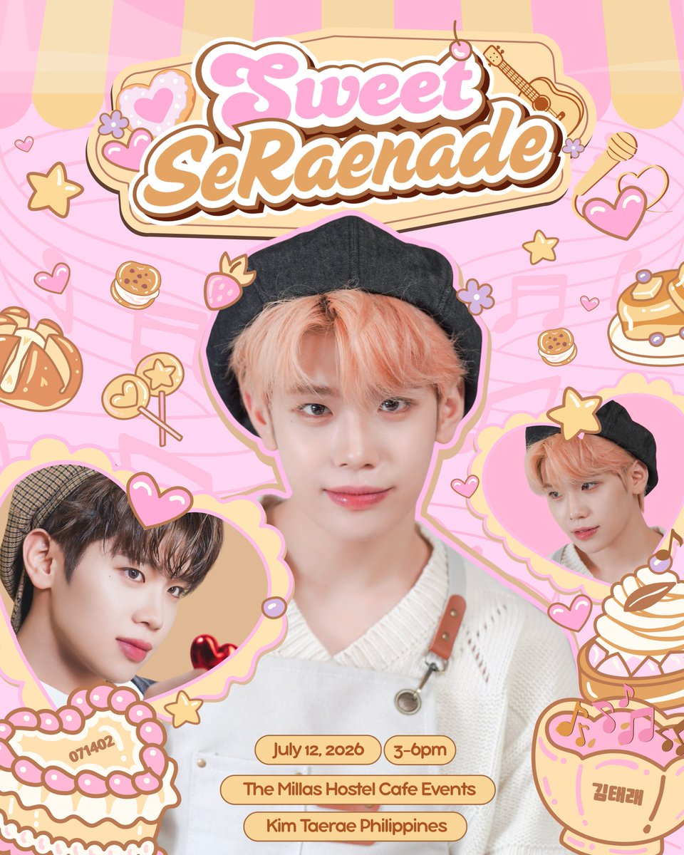 ZB1PH's tweet photo. 🍬🎸 Sweet SeRAEnade for Kim Taerae 🎸🍰

A melody as gentle as a guitar strum, a sweetness that melts like candy 🍭🎶
 
Celebrating Taerae’s 24th birthday with treats and melodies straight from the heart. Join us for an event filled with sweets and a serenade as warm as his voice. 💛

Date: July 12, 2026
Venue: The Millas Hostel Cafe Events (Cubao, Quezon City)
Time: 3-6pm
Registration Fee: 150 php / 250 php
Offline Form: https://t.co/3loawGdbSe

Our sponsorship form is also open! 💌 Sponsors will also receive a special gift from us as a token of appreciation. ✨

Sponsorship Form: https://t.co/c0JYzFp4oK

Can't join us? Don't worry because we're offering online kits! Proceeds will be donated to Bahay Aruga (A Free Halfway House for Pediatric Cancer Patients Inc.) 

If you'd like to send a donation without purchasing a kit, please send us a message.

Online Kit Form: https://t.co/DiXIj9flP9

#SweetSeRAEnade
#KIMTAERAE #김태래 #キムテレ #金太來
#ZEROBASEONE #ZB1 #제로베이스원
@ZB1_official