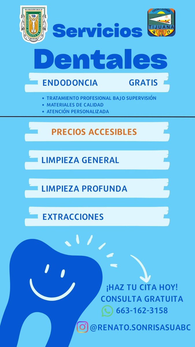ImJustQix's tweet photo. Endodoncias gratis en UABC. Limpieza y otros servicios a precios accesibles. ¡Escríbeme para cotización personalizada y sin compromiso!😁
#DentistaTijuana #UABC #LimpiezaDental #Gratis https://t.co/l4KUrlSXtc