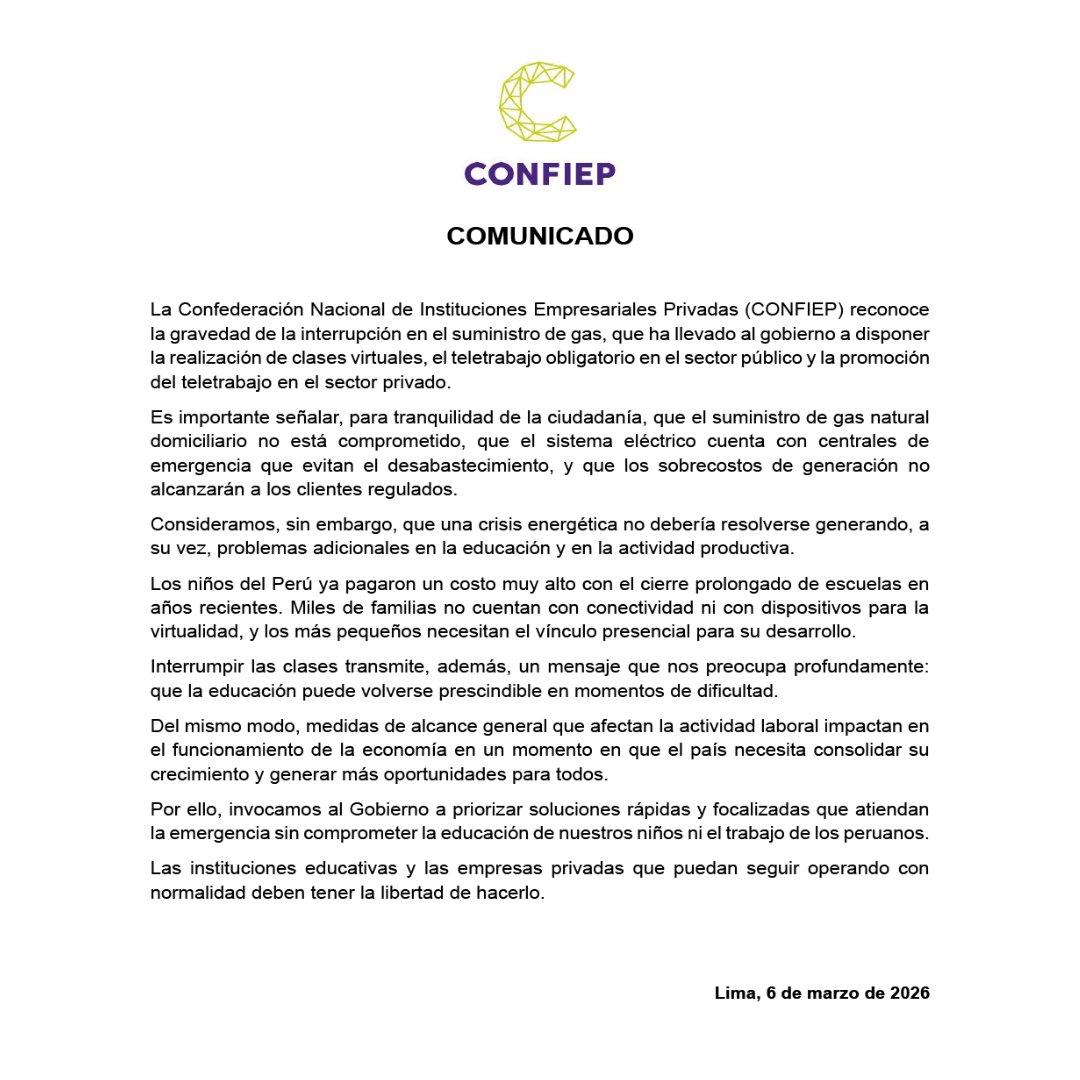 🔴CONFIEP: "Consideramos que una crisis energética no debería resolverse generando, a su vez, problemas adicionales en la educación y en la actividad productiva."