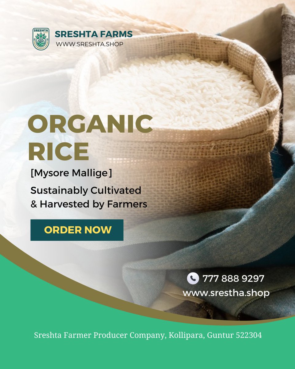 sreshtafarms's tweet image. Sreshta Farms Mysore Mallige Rice offers natural aroma, refined texture, and consistent quality.

Order Now zurl.co/dhfTK 

It’s not about switching rice. It’s about upgrading standards. 

#SreshtaFarms #MysoreMalligeRice #FarmtoKitchen #farmerproducercompany