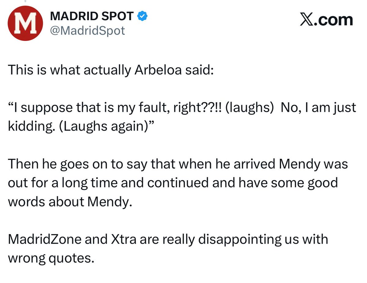 This is what Arbeloa actually said. Why is MadridZone and xtra translating the wrong thing?

What’s going on?