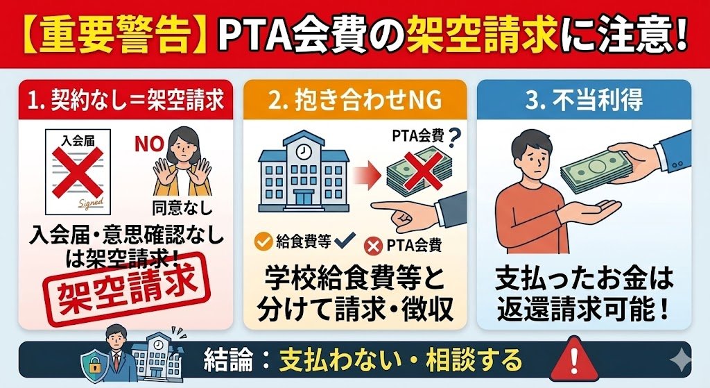 jjjqqqxxx0852's tweet image. 【重要警告】PTA会費の架空請求に注意！

入会届も意思確認もないのに、会費を請求されていませんか？
それは法的に「架空請求」です。

#PTA #架空請求 #注意喚起 #保護者