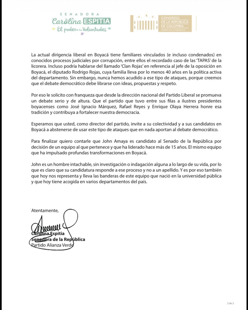 CaroEspitiaJ's tweet photo. Hoy, enviamos una carta al expresidente César Gaviria, director del @PartidoLiberal, expresando nuestra preocupación por las descalificaciones personales que se están promoviendo malintencionadamente desde su partido en Boyacá.

Creemos que la democracia se fortalece con respeto, ideas y propuestas, no con ataques ni campañas de desprestigio.

Por eso, invitamos a promover un debate político de altura que contribuya a fortalecer nuestra democracia.
