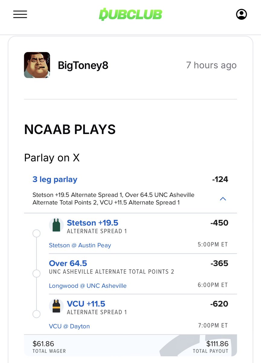 BigToney8's tweet photo. BOOM!!! Dont usually do two builders, but the second one comes through too @DubClub_win!! 💰
$61-----> $111 ✅✅✅
Link below ⬇️
https://t.co/XGxZ0TTkCs…
#NCAAPicks #GamblingTwitter #MarchMadness https://t.co/jGcts5Bfqm