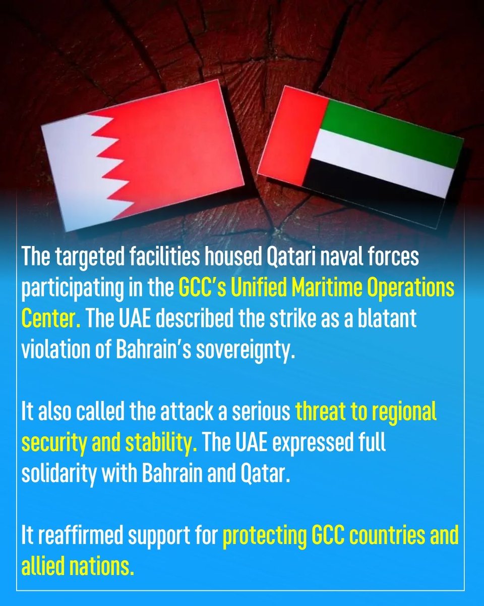 newsofbahrain's tweet image. The UAE has strongly condemned an Iranian attack that targeted buildings in the Bahrain housing members of the Qatari Emiri Naval Forces who were participating in the Unified Maritime Operations Center under the joint military command of the GCC. 
#NewsofBahrain