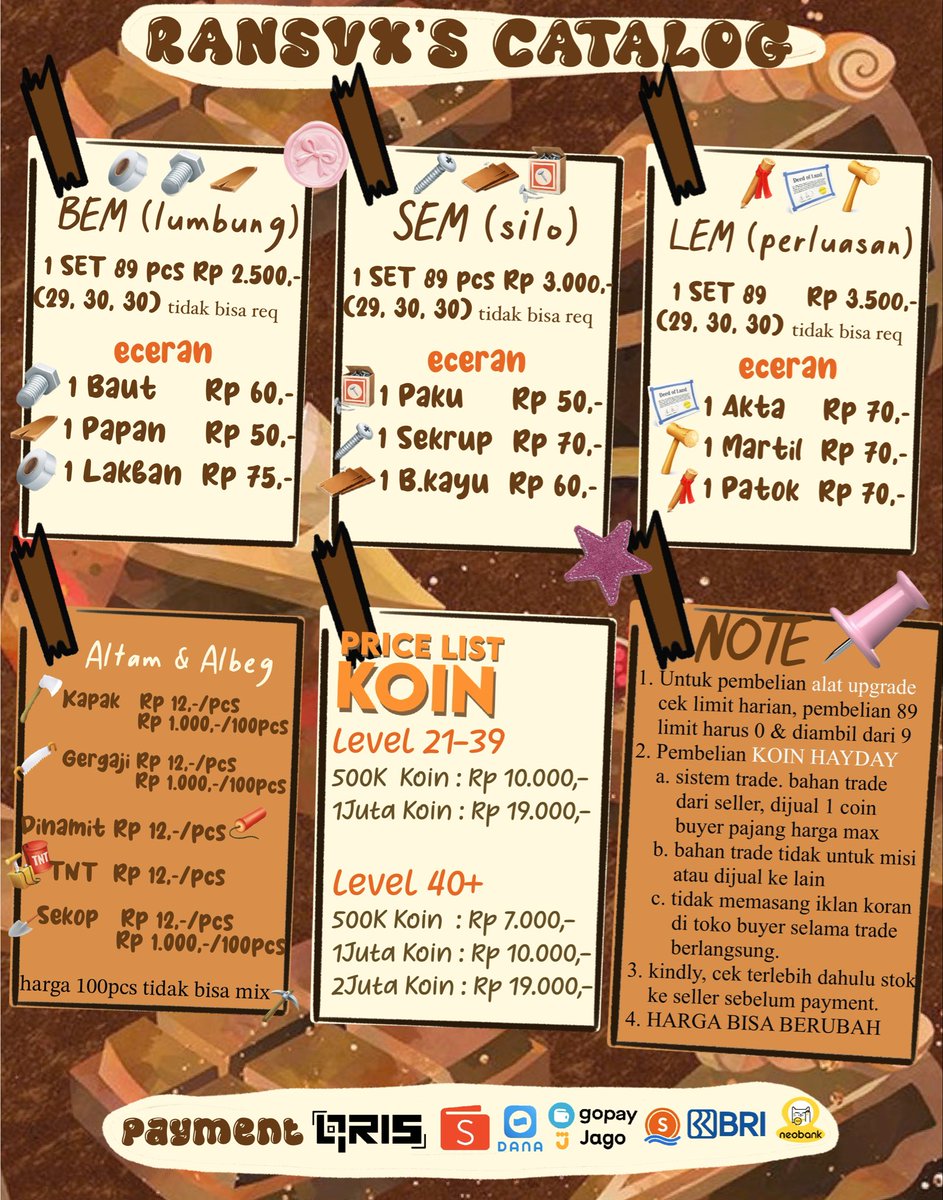 ransvxx's tweet photo. wts hay day 

SET BEM SEM LEM lumbung silo perluasan

Jual juga SEKOP GERGAJI KAPAK KOIN
BADAS susu gula kolam saus zaitun tomat lobster bulu bebek mayones madu lilin katun pasta segar mi beras baut papan lakban sekrup bilah kayu patok martil akta tanah FOOD eceran tanaman hayday https://t.co/8WLiX0rm9F