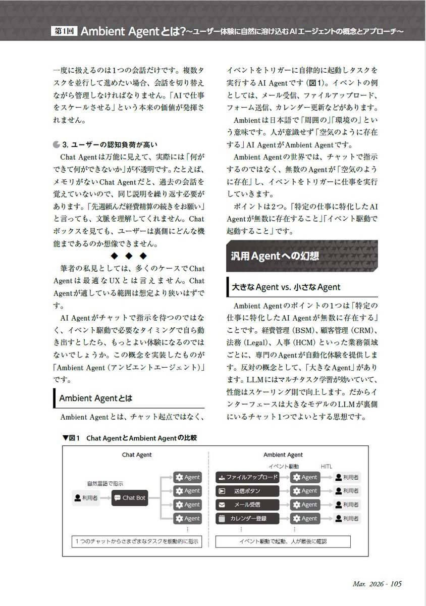 gihyosd's tweet photo. AIエージェントというと、多くの人がチャットやCLIからプロンプトを入力して利用する方式を思い浮かべるのではないでしょうか？　しかし、今後は何らかのイベントをきっかけにして、AIエージェントがシステムのバックグラウンドで自律的に仕事を進めてくれるような方式のほうが増えるかもしれません。たとえば、人間が社内の経費精算システムに領収書のファイルをアップロードしたら、AIがそれを読み取って経費精算手続きを自動で実行してくれる、などでしょうか……。こういうイベントをトリガーに自律的に起動しタスクを実行するAIエージェントをAmbient Agentと呼びます。Ambient Agentが世の中に浸透したら、私たちが意識しないところでAIエージェントが仕事をしているということもありそうです。

今発売中の『Software Design 2026年3月号』から始まった新連載「AIネイティブプロダクト開発」は、上で述べたような「システムやサービスの中にAIエージェントが空気のように存在しタスクをこなすプロダクト」の開発手法について解説する記事です。
記事の冒頭に今後掲載予定の記事（全10回）のトピックも提示しています。興味を持たれた方は、ぜひ今号の初回からウォッチしていただければと思います。