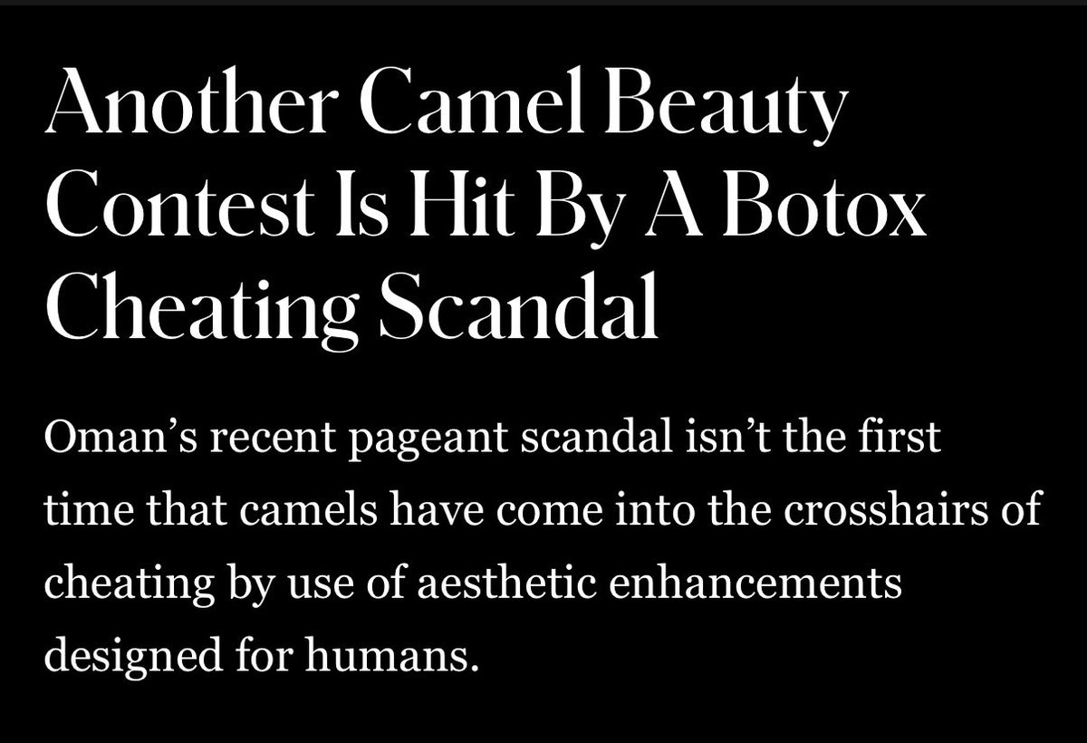 🐪อูฐกว่า 20 ตัวในงานประกวดอูฐสวยงาม Camel Beauty Show Festival ประเทศโอมานถูกตัดสิทธิ์จากการแข่งขัน

💉หลังพบว่าเจ้าของพาไปฉีดโบท็อกซ์เพื่อทำให้รูปหน้าสวยงามขึ้น

🫦นอกจากนี้ยังฉีดปากให้ดูอวบอิ่ม ฉีดฟิลเลอร์และใส่ซิลิโคนเพื่อปรับรูปจมูกให้งดงาม