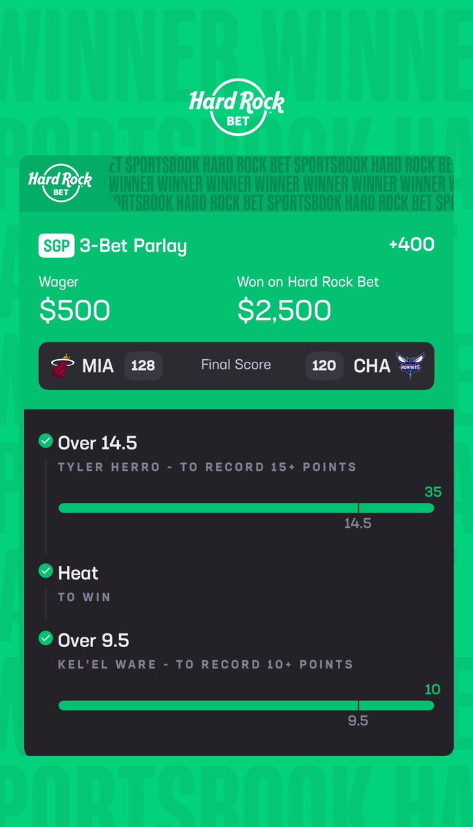 BANGGGG 💥💥💥

TYLER HERRO ✅
Kel'el WARE ✅
MIAMI HEAT ML ✅

+400 🔒