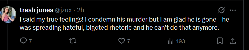 XTERNAL117's tweet photo. @jzux "I am glad he is gone" and you wonder why you're getting  death threats https://t.co/Rc68tQLpMU