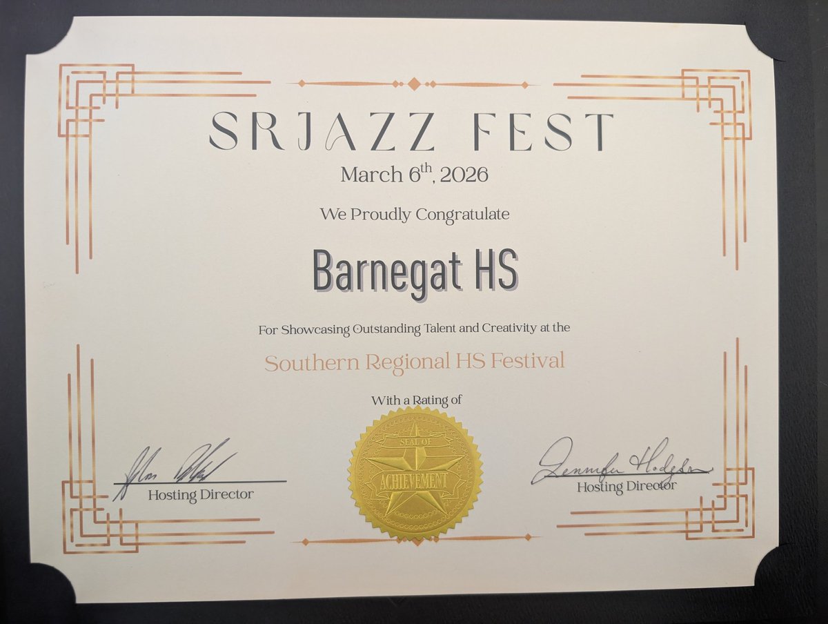 Congratulations to the Barnegat High School Jazz Ensemble on receiving a GOLD Rating at the Southern Regional HS Jazz Festival this evening! A special shout-out to BHS Senior Cailee Cranmer on being named "Outstanding Soloist" on Flugelhorn! Way to go BHS Jazz Band! 🎶🎺🎷🎹🥇
