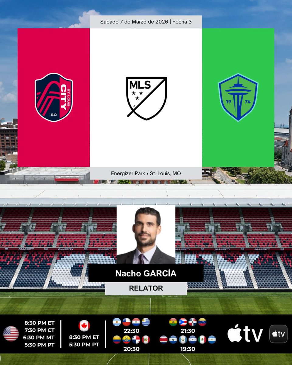 ProgramacionUS's tweet image. ⚽️ #MLS 🇺🇸 | #StLouisCitySC vs. #SeattleSounders

🎙Relator: @nachogarciad
💻📱Suscripción a @AppleTV 🌎

#️⃣ #AppleTV - #STLvSEA