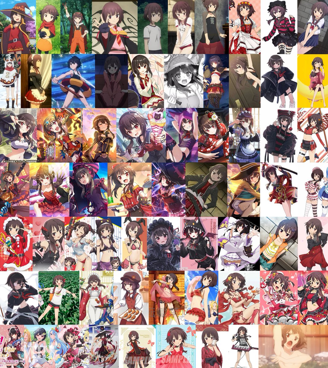 Todos (o casi todos) los outfits de Megumin, teniendo en cuenta anime, novela, el Fantastic Days, la visual novel, plastificados oficiales que encontré y todo tipo de publicidad.