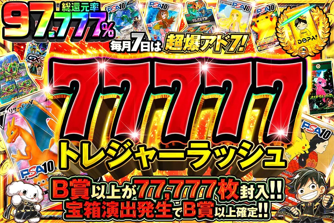7️⃣毎月7日は超爆アド７!7️⃣

💰総還元率97.777%!!
💰B賞以上が77,777枚封入!!
💰宝箱演出発生でB賞以上確定!!

7️⃣77777 トレジャーラッシュ7️⃣
販売開始(bit.ly/4g5hRA5)

フォロー&amp;RP&amp;いいねで
1名様に2,000ptプレゼント🎁
〆切 24時