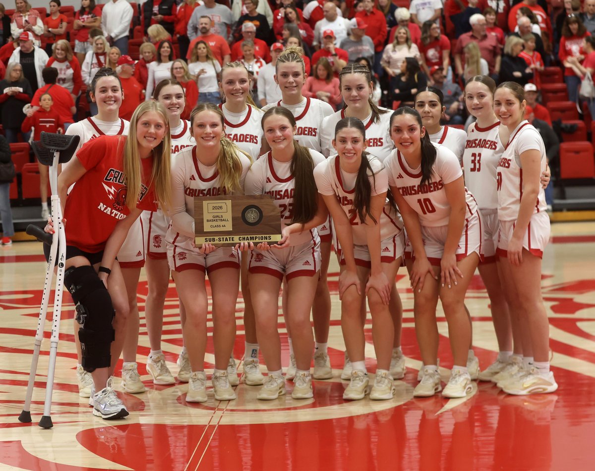 Cueballnewscow's tweet photo. Wellington girls won their fifth straight sub-state championship in front of a huge home crowd Friday evening. The Crusaders defeated Buhler 54-34. They now await their first-round state opponent and location. https://t.co/bxX2hlvZgW