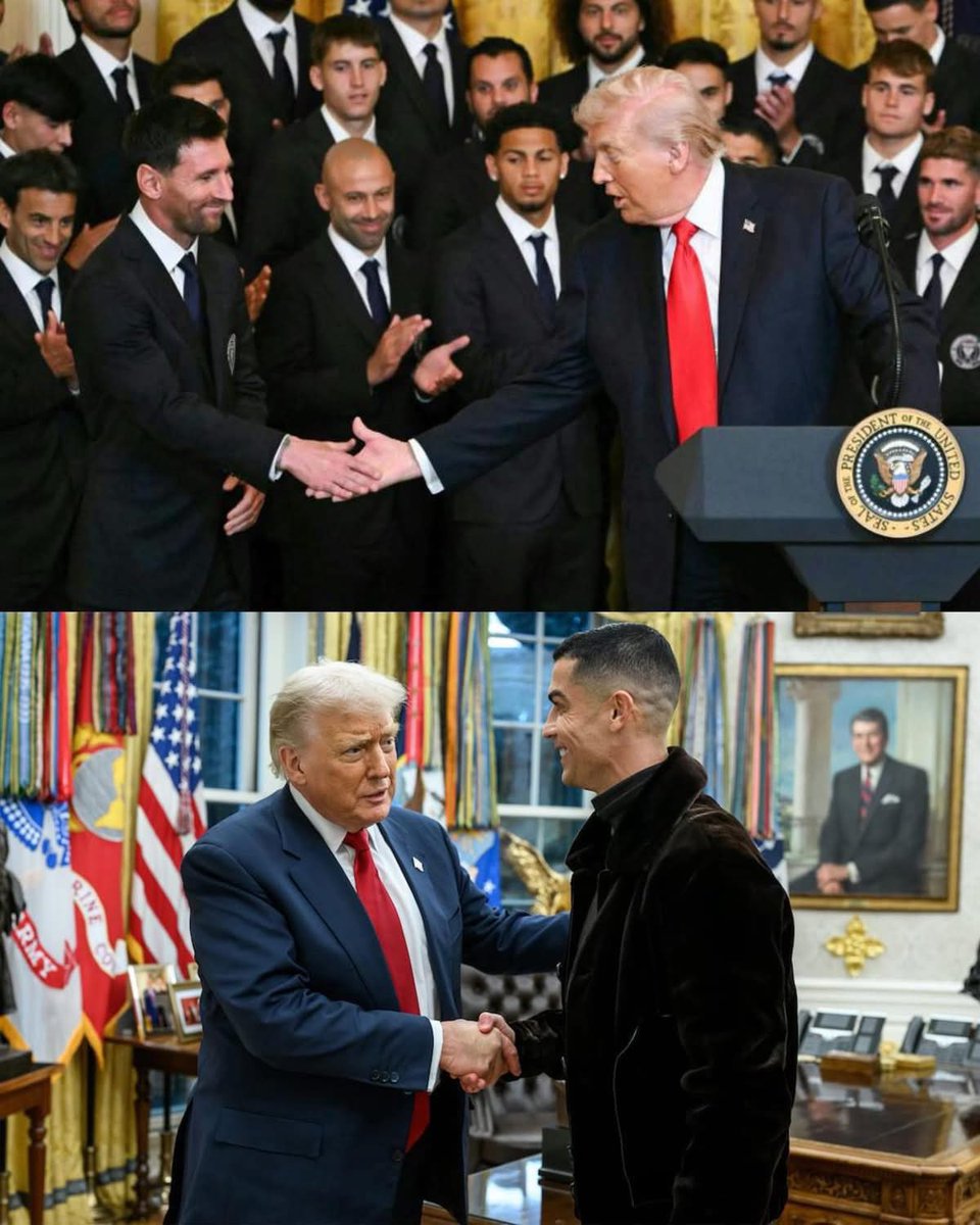 Bazuulaa's tweet photo. Трамп Роналдог хүлээж авахдаа:

- Хувийн уулзалт
- 30 минутын турш шууд яриа өрнүүлсэн
- Мессийг дурдаагүй
- Гарыг нь бат атгасан
- Нөгөө гараа алдлан дэлгэж хүндэтгэлээ илэрхийлсэн
- Түүнийг бүх цаг үеийн шилдэг хэмээн нэрлэсэн

Трамп Месситэй уулзахдаа:

- Өөр 30 хүний хамт урьсан
- Шууд харилцан ярилцаагүй
- Роналдог 20 удаа дурдсан
- Гарыг нь сул атгасан
- Нөгөө гараа алдалж дэлгээгүй
- Түүнийг бүх цаг үеийн шилдэг хэмээн нэрлээгүй

P.S. Бүх цаг үеийн шилдэгийг мэргэжилтнүүд, фанатууд биш, хөлбөмбөг огт сонирхдоггүй том гүрний удирдагч тодруулдаг цаг ирж 🤪