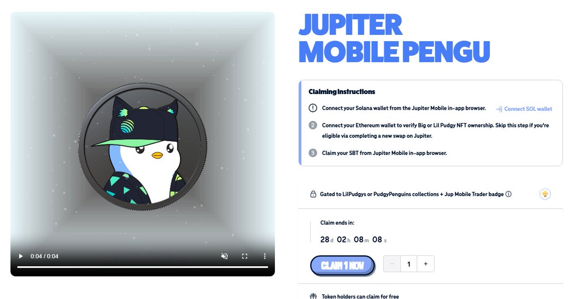 ใครเคยใช้ Jupiter ใน 5 เดือนที่ผ่านมา 
ไปเคลม SBT Token กันด้วยนะ มีเวลาให้เคลมฟรีถึง 20 มีนา

เคลม Jupiter Pudgy Open Edition ได้ที่ <a href="/pudgypenguins/">Pudgy Penguins</a> 
sbts.pudgypenguins.com/minting/contra…
