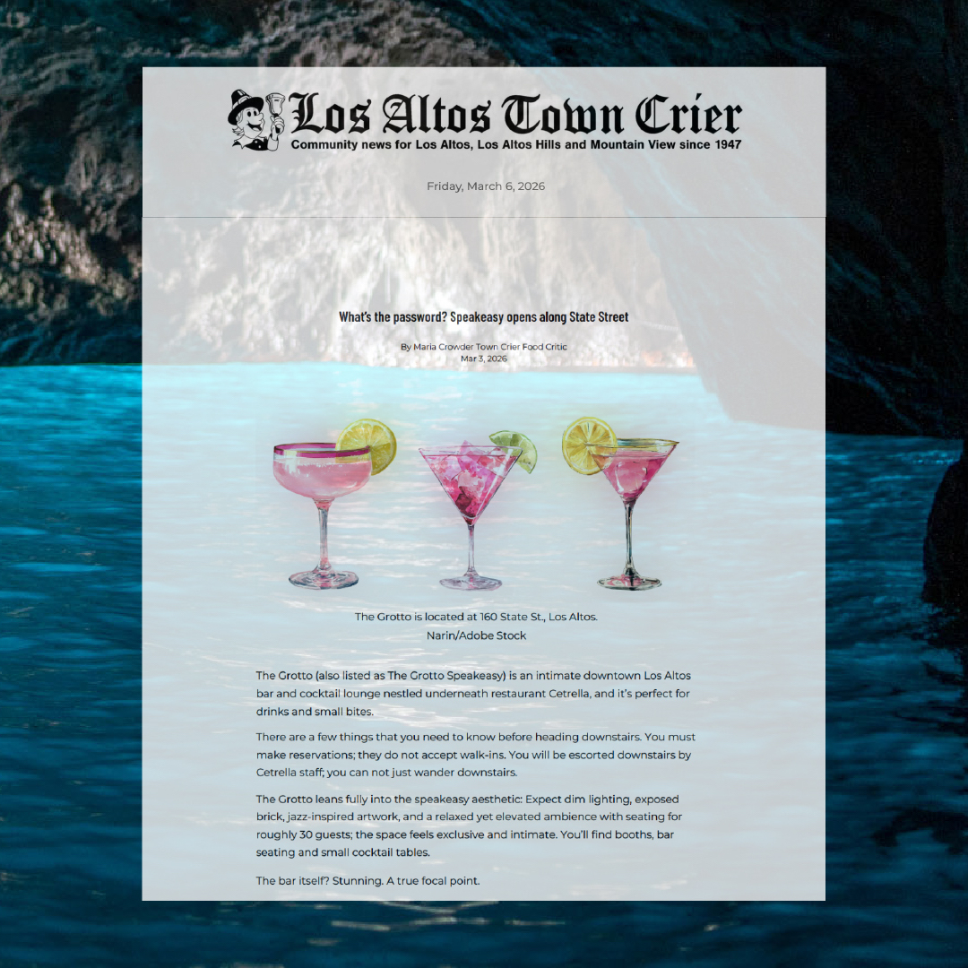 Cetrella is honored to share this piece on The Grotto by Maria Crowder appearing in Los Altos Town Crier!

losaltosonline.com/food/what-s-th…

THE GROTTO
Tue-Thu 5-11 pm
Fri-Sat 5-midnight

BOOK
sevenrooms.com/reservations/c…

Reservations for THE GROTTO speakeasy appear as available. <a href="/latc/">Los Altos Town Crier</a>