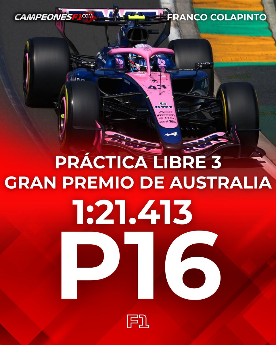 #F1 | 🏁 Cierre de la tercera y última práctica para la Fórmula 1 en Albert Park, con <a href="/FranColapinto/">Franco Colapinto</a> cerrando el ensayo en el 16° puesto.

👉 El piloto argentino registró un tiempo de 1m21s413 y quedó a 2s360 de diferencia con respecto al líder que fue George Russell.

☝️ A bordo