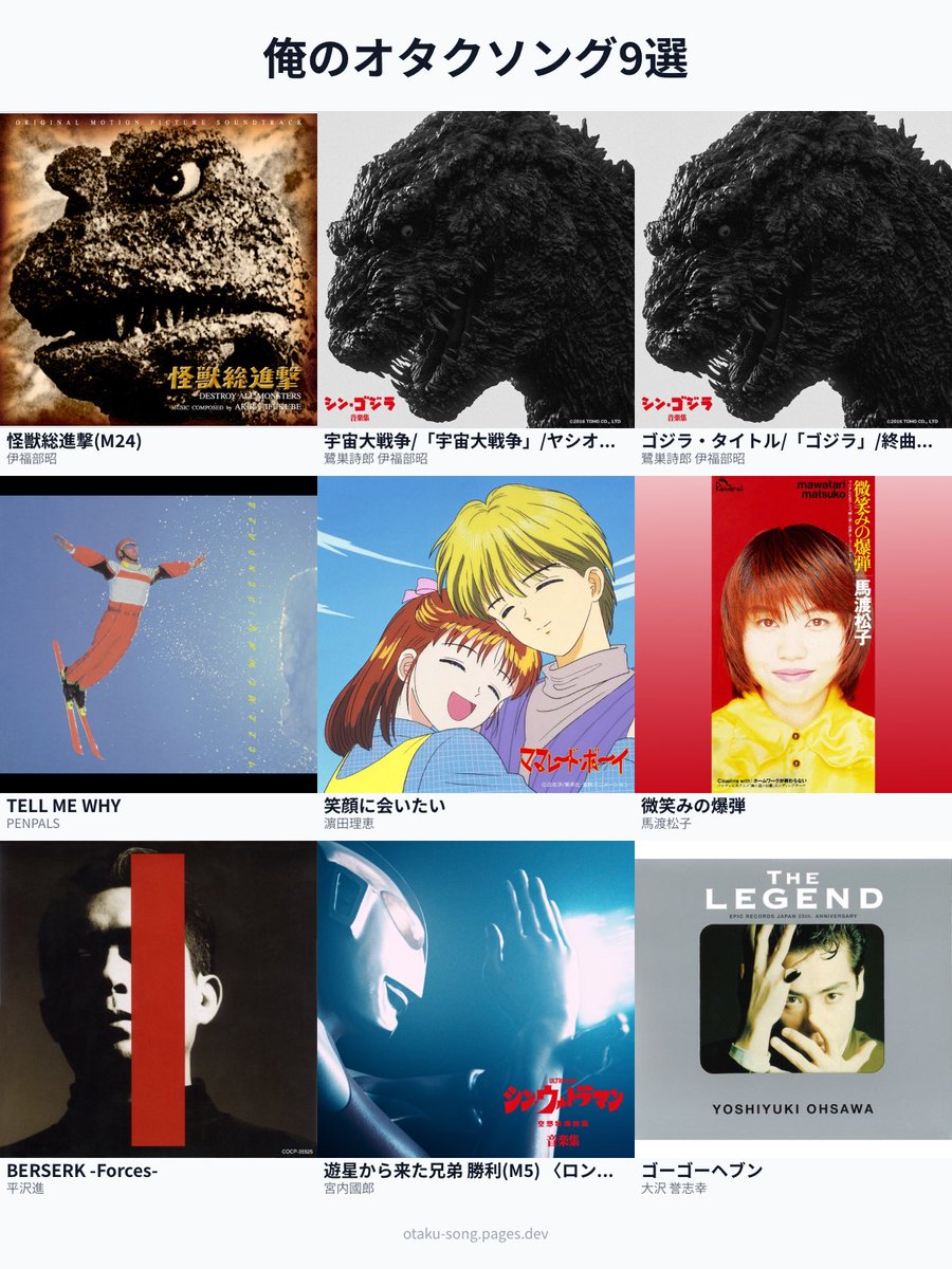 #俺のオタクソング9選 

エヴァ意外だと…

他にもたくさんあるけど

2年に一度なぜか見返してるママレード・ボーイ。主題歌がなんか入り方からたまらないのですよ
otaku-song.pages.dev/share/smhoh8y4