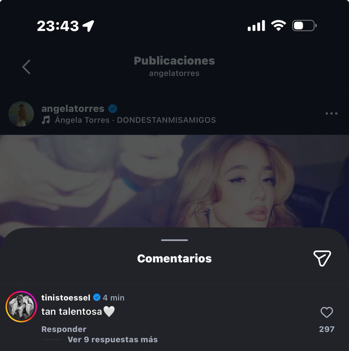 TINI comentándole a Ángela Torres el post de su Gran Rex:

“Tan talentosa”