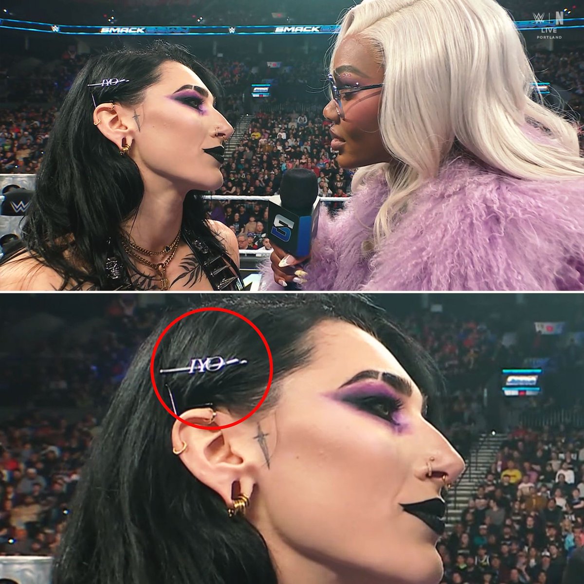 🚨 Rhea Ripley was wearing a hair pin that said ‘Iyo’ for Iyo Sky on #SmackDown! 🥹