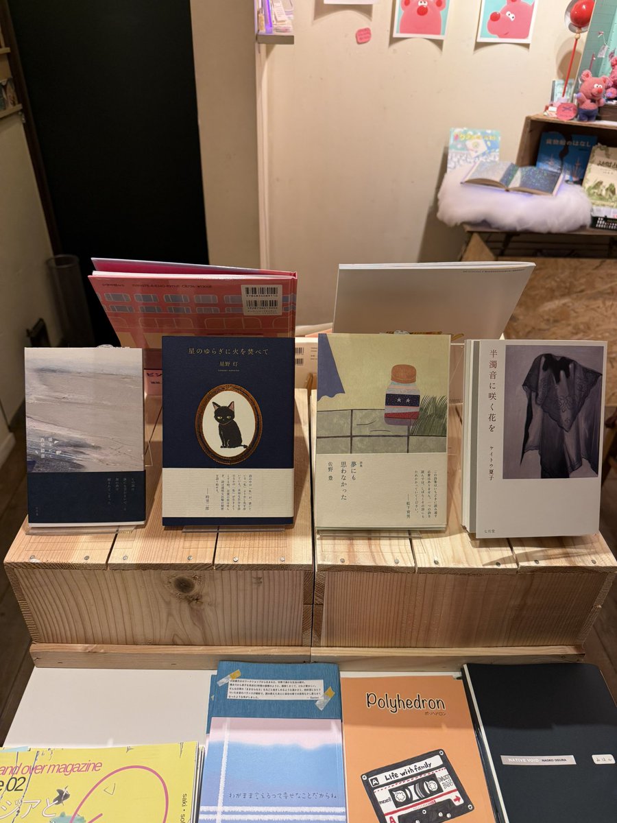 高円寺のそぞろ書房さんにお邪魔しておりました！
七月堂の本を多数お取り扱いいただいております。
いつもありがとうございます！

後ろに見切れておりますが、パッチャ店長にもご挨拶できて良かったです。
展示は15日までとのことなのでお近くに寄りましたら是非！