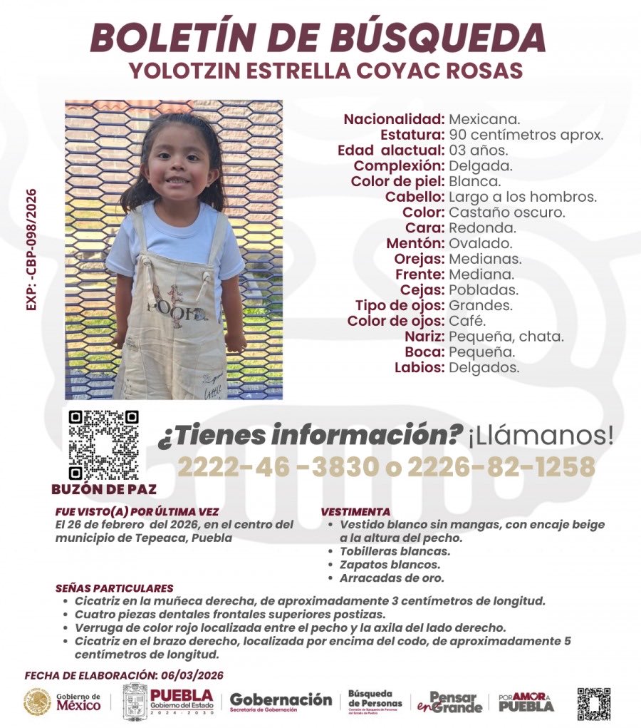 #Amigos por favor 🙏 ayuden a localizar a Yolotzin Estrella Coyac, se perdió el 26 de febrero en #Tepeaca y no aparece. <a href="/PrimeraPPuebla/">Primera Plana Puebla</a>