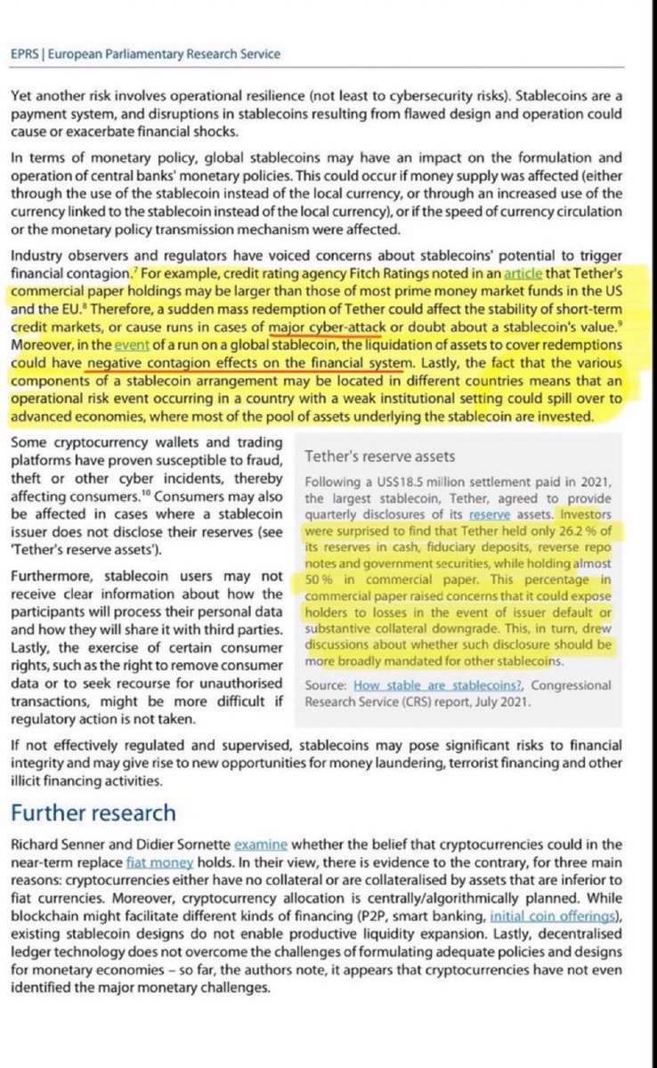 JohnHTeasley's tweet photo. 🚨 REPORT: The European Parliamentary Research Service warns a cyber attack or loss of confidence in stablecoins like Tether could trigger a mass redemption event.

That could force huge asset liquidations and send shockwaves through global credit markets. https://t.co/IREkvxRbkR
