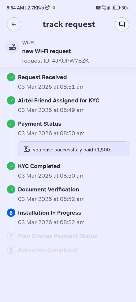 mr_rkdeepak's tweet photo. Hi @Airtel_Presence,
I booked a new wifi connection via the Airtel App and completed payment. The status still shows “Installation in progress”. The technician is not responding to calls.
Kindly arrange the installation at the earliest and assign a new technician. @airtelindia https://t.co/FJuzOq8PaX