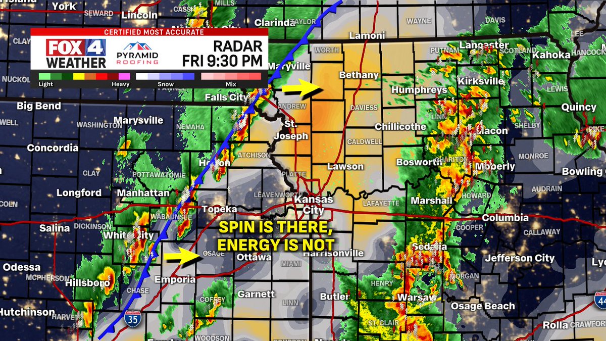 JacobLanierWx's tweet photo. 9:30 PM - I'm very unimpressed by the cold front! Most of the storms are elevated/behind the front, which limits the wind &amp; tornado risk. There is spin in the atmosphere but rapidly dwindling energy. A tornado watch continues but severe risk remains low. @fox4kc #KSwx #MOwx #KCwx https://t.co/F1hGAvUrR6