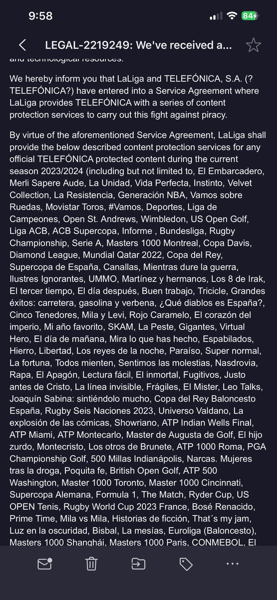 Al parecer es <a href="/LaLiga/">LALIGA</a> y <a href="/Telefonica/">Telefónica</a> a quienes no les ha gustado que tuiteara un enlace con  televisiones PÚBLICAS DE TODO EL MUNDO. No había nada de pago, ni fútbol ni nada
Estaban las televisiones d dirigente medio para ver noticias sobre Irán 
Si me echan denles las gracias