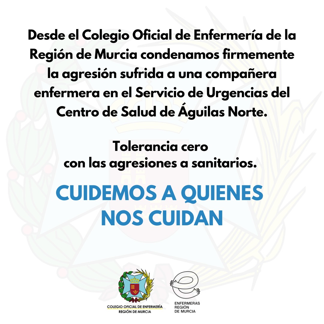 Desde el Colegio Oficial de Enfermería de la Región de Murcia condenamos la agresión sufrida por una enfermera en el servicio de Urgencias del Centro de Salud Águilas Norte.
Las agresiones a profesionales sanitarios son intolerables. Todo nuestro apoyo a la compañera afectada.