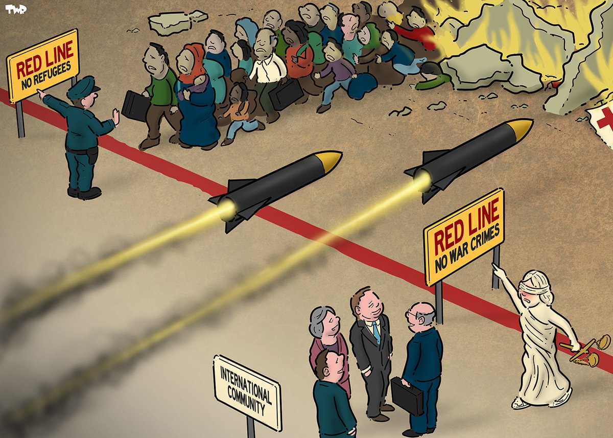 Royaards's tweet image. Red lines. Cartoon from last year, relevant as ever (I wish it weren't).

#WarCrimes #InternationalLaw #refugees #RedLines